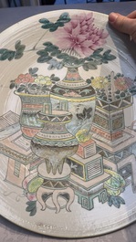 A Chinese qianjiang cai dish and a plate, two famille rose plates and a saucer, Chenghua, Yongzheng and Guangxu marks, 19th C.