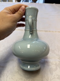 A Chinese claire-de-lune handled vase, with a wooden stand and its original hongmu box, Yongzheng mark, Republic