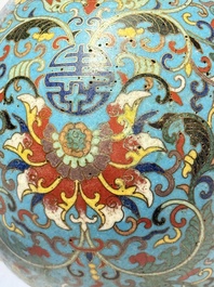 A Chinese cloisonn&eacute; and jade 'Da Ji 大吉 and Tian Xi 天喜' double-gourd vase and stand , 19/20th C.