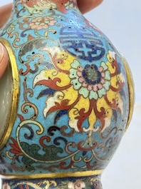 A Chinese cloisonn&eacute; and jade 'Da Ji 大吉 and Tian Xi 天喜' double-gourd vase and stand , 19/20th C.