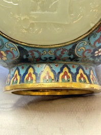 A Chinese cloisonn&eacute; and jade 'Da Ji 大吉 and Tian Xi 天喜' double-gourd vase and stand , 19/20th C.