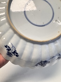 A rare pair of Chinese famille verte lobed plates with elegant ladies, Kangxi
