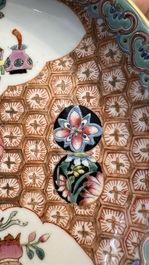 A Chinese qianjiang cai dish and a plate, two famille rose plates and a saucer, Chenghua, Yongzheng and Guangxu marks, 19th C.