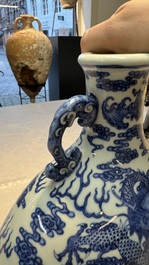 A Chinese blue and white moonflask vase with dragons, 'bianhu', Qianlong mark, Republic