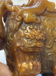 A Chinese precious-stone-inlaid carved soapstone wine vessel on stand, Gong 觥, Republic