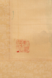 After Shen Quan 瀋銓(1682-1760): 'Cranes', ink and colour on silk, 20th C., and Chinese school: 'Mountainous Landscape' ink and colour on silk, 20th C.