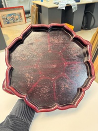 A Chinese famille rose nine-piece 'Plum Blossoms' sweetmeat set on a wooden tray, 19th C.