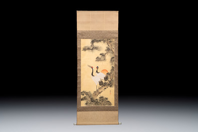 After Shen Quan 瀋銓(1682-1760): 'Cranes', ink and colour on silk, 20th C., and Chinese school: 'Mountainous Landscape' ink and colour on silk, 20th C.