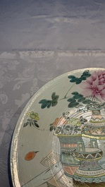 A Chinese qianjiang cai dish and a plate, two famille rose plates and a saucer, Chenghua, Yongzheng and Guangxu marks, 19th C.