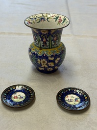 A Chinese Canton enamel 'Prunus on Cracked Ice' spittoon and two snuff dishes, 19th C.