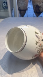 A Chinese famille rose 'Birds among Flowering Branches' eggshell lantern on stand, signed Yuan Qing 元清, dated 1987