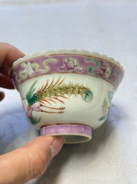 Five Chinese famille rose 'Phoenix and Peony' cups and three saucers for the Peranakan market, Qianlong, Guangxu and Zhou Shunxing 周順興 marks, Republic