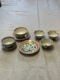 Five Chinese famille rose 'Phoenix and Peony' cups and three saucers for the Peranakan market, Qianlong, Guangxu and Zhou Shunxing 周順興 marks, Republic