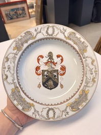 A pair of Chinese armorial soup plates with the arms of Saunders for the English market, Qianlong, ca. 1745