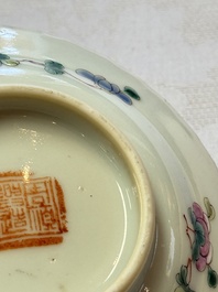 Five Chinese famille rose 'Phoenix and Peony' cups and three saucers for the Peranakan market, Qianlong, Guangxu and Zhou Shunxing 周順興 marks, Republic
