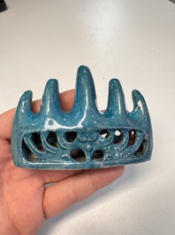 Three Chinese verte biscuit and turquoise-glazed brush rests, Kangxi and later