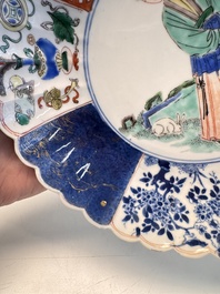 A rare pair of Chinese famille verte lobed plates with elegant ladies, Kangxi
