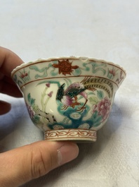 Five Chinese famille rose 'Phoenix and Peony' cups and three saucers for the Peranakan market, Qianlong, Guangxu and Zhou Shunxing 周順興 marks, Republic