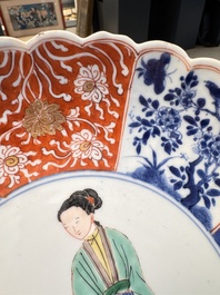 A rare pair of Chinese famille verte lobed plates with elegant ladies, Kangxi