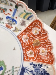 A rare pair of Chinese famille verte lobed plates with elegant ladies, Kangxi