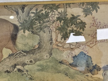 Chinese school: 'Bathing Horses 浴馬圖', ink and colour on silk, 19th C.