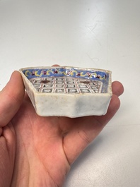 A Chinese famille rose nine-piece 'Plum Blossoms' sweetmeat set on a wooden tray, 19th C.