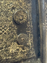 A Korean silver-inlaid iron 'He Lu Tong Chun 鶴鹿同春' tripod censer, Joseon, 18th C.