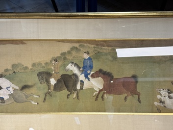 Chinese school: 'Bathing Horses 浴馬圖', ink and colour on silk, 19th C.