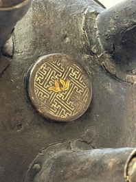 A Korean silver-inlaid iron 'He Lu Tong Chun 鶴鹿同春' tripod censer, Joseon, 18th C.
