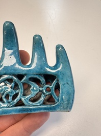 Three Chinese verte biscuit and turquoise-glazed brush rests, Kangxi and later