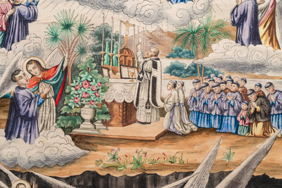Belgian Catholic missionaries in China: 'Temporary Suffering of Souls', ink and colour print on paper, 19th C.