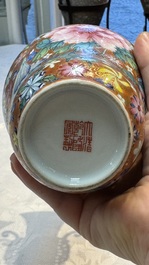 A pair of Chinese famille rose 'Millefleur' vases, Qianlong mark, Republic