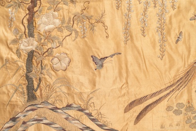 A Chinese embroidered silk 'Pheasants and Wistaria' panel, 19/20th C.