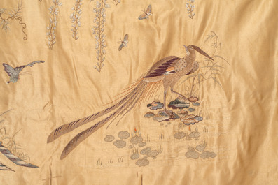 A Chinese embroidered silk 'Pheasants and Wistaria' panel, 19/20th C.