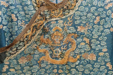 A Chinese silk blue-ground summer gauze 'Dragons' robe, 19th C.