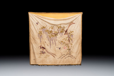 A Chinese embroidered silk 'Pheasants and Wistaria' panel, 19/20th C.