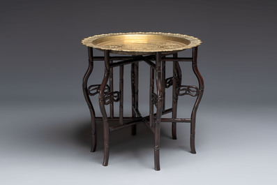 A Chinese brass and hongmu 'Yan Nian Yi Shou 延年益壽' folding table, 19/20th C.