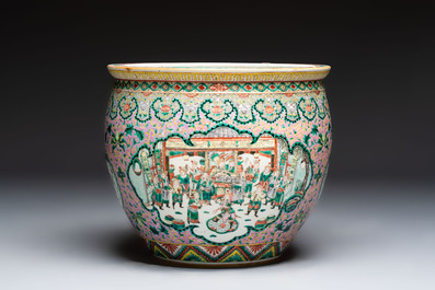 A Chinese famille verte pink-ground scroll pot with narrative design, 19th C.