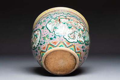 A Chinese famille verte pink-ground scroll pot with narrative design, 19th C.