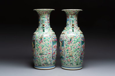 A pair of large Chinese famille rose celadon-ground 'Romance of the Three Kingdoms' vases, 19th C.
