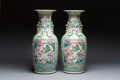 A pair of large Chinese famille rose celadon-ground 'Romance of the Three Kingdoms' vases, 19th C.