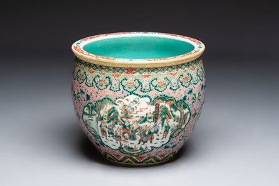 A Chinese famille verte pink-ground scroll pot with narrative design, 19th C.
