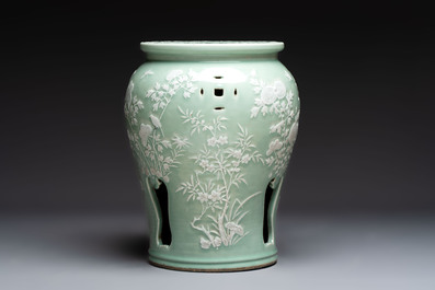 A Chinese slib-decorated celadon-ground garden seat, 19th C.
