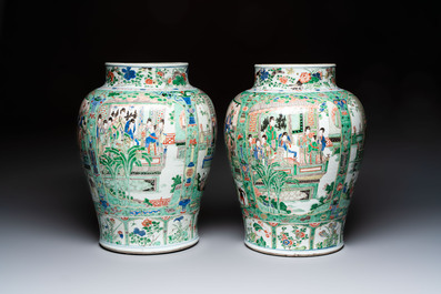 A pair of large Chinese famille verte 'Birthday Celebration of Guo Ziyi 郭子儀祝壽' baluster vases, Kangxi