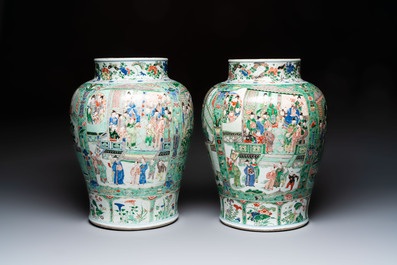 A pair of large Chinese famille verte 'Birthday Celebration of Guo Ziyi 郭子儀祝壽' baluster vases, Kangxi