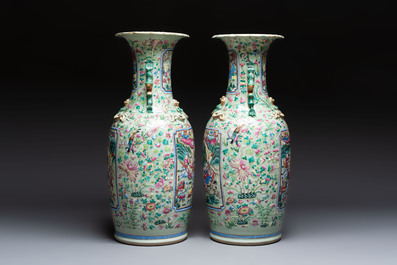 A pair of large Chinese famille rose celadon-ground 'Romance of the Three Kingdoms' vases, 19th C.