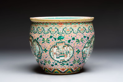 A Chinese famille verte pink-ground scroll pot with narrative design, 19th C.