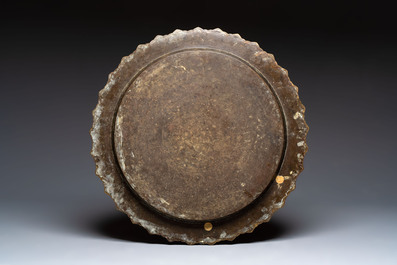 A Chinese brass and hongmu 'Yan Nian Yi Shou 延年益壽' folding table, 19/20th C.