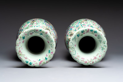 A pair of large Chinese famille rose celadon-ground 'Romance of the Three Kingdoms' vases, 19th C.