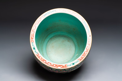 A Chinese famille verte pink-ground scroll pot with narrative design, 19th C.
